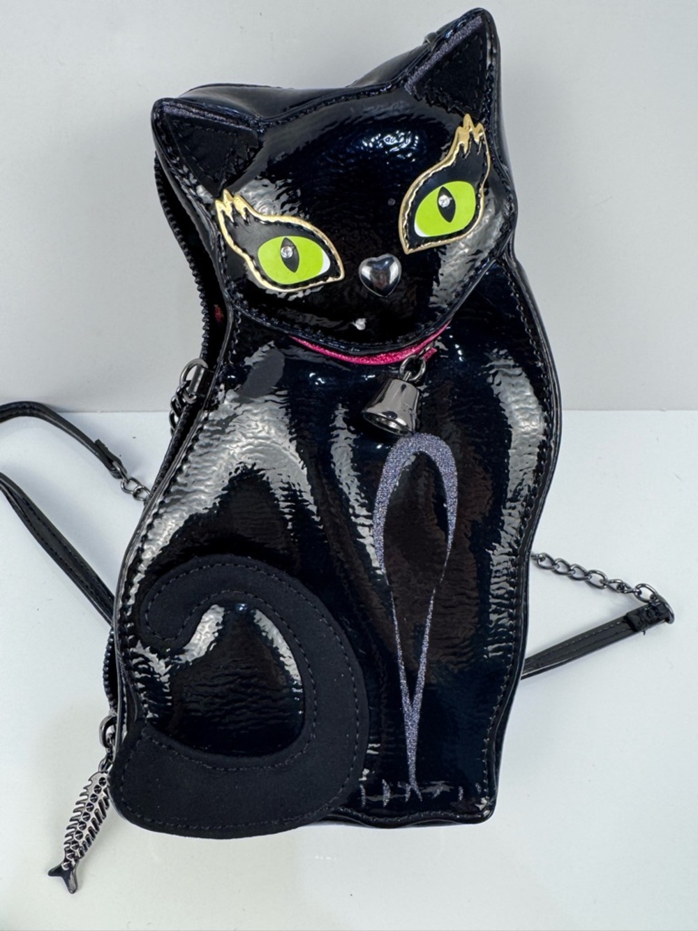 Betsey Johnson Clawsome Black Cat Crossbody Bag Hardware Glow In The Dark Eyes